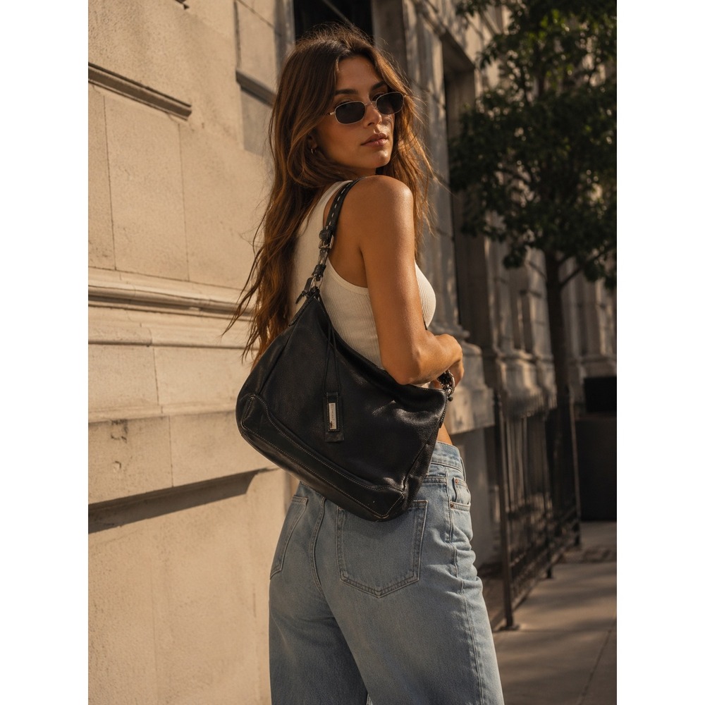 Antonio Melani Black Pebbled Leather Hobo Shoulder Bag Silver Hardware